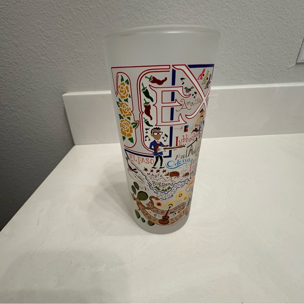 “Texas” Whimsical city landmarks painted design Frosted Drinking Glass NEW